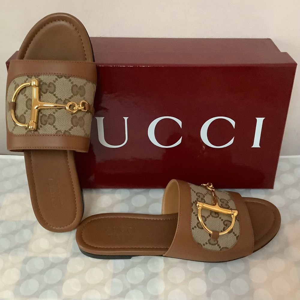 BNIB Gucci Alfa Gold Horsebit Brown GG Canvas Logo Leather Flat Slip Sandal 37.5 - Picture 2 of 12